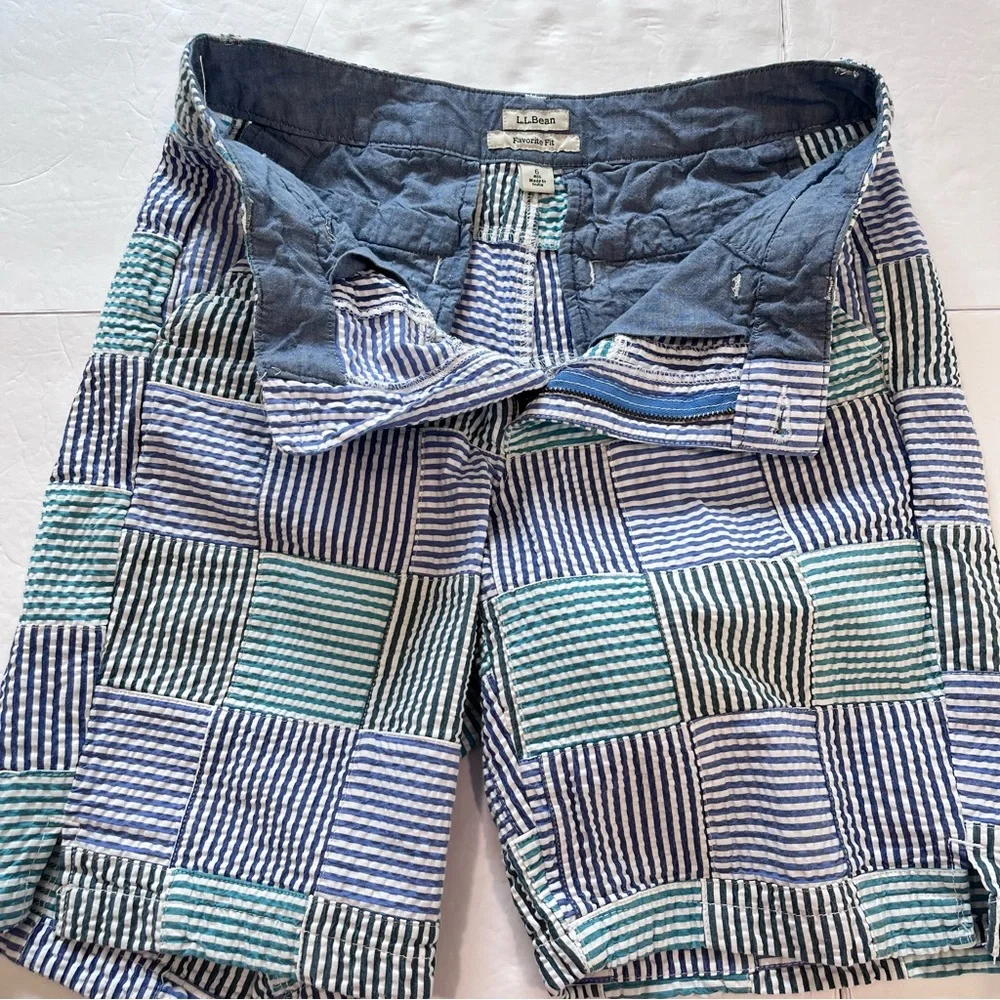LL Bean Lakewashed Blue‎ Green Seersucker Plaid Chino Bermuda Shorts Size 6